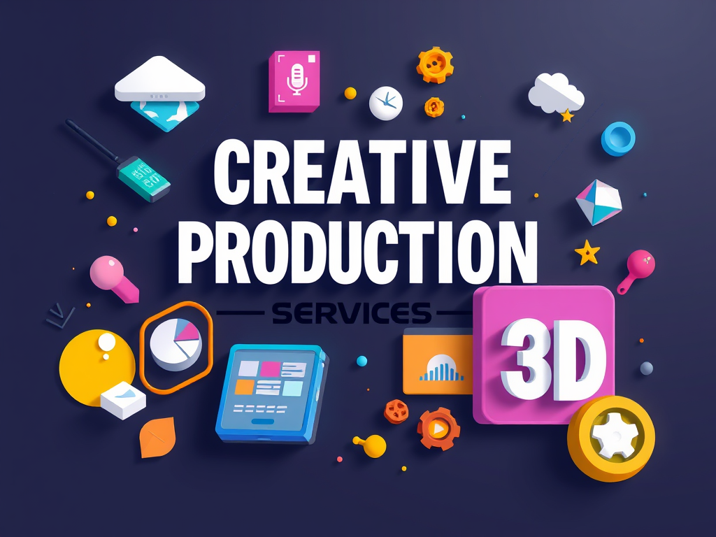 Creative production service graphic featuring icons for printing, digital marketing, web development, and 3D renderings.